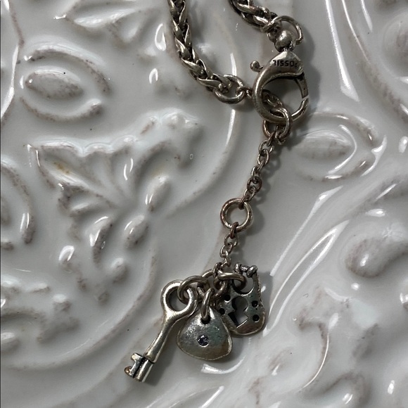 Fossil Silver Heart Padlock Necklace with Keyhole Vintage Bohemian Whimsical - Picture 11 of 13